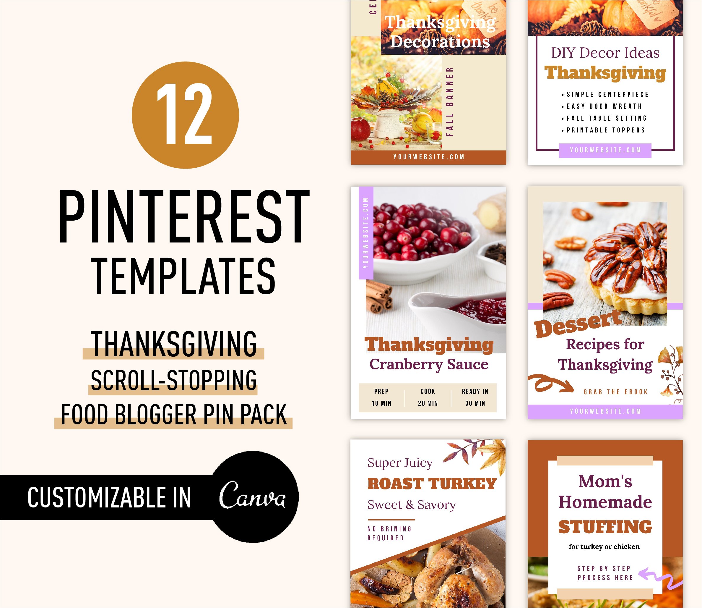 Thanksgiving Food Blogger Scroll Stopping Pinterest Pin Pack • Canva  Templates 